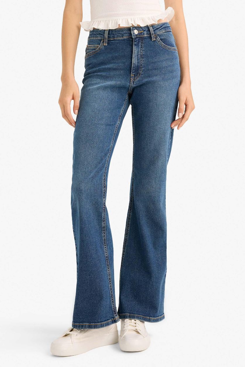 Kadın Koyu Mavi Mia Flare Fıt Normal Bel İspanyol Paça Uzun Jean Pantolon