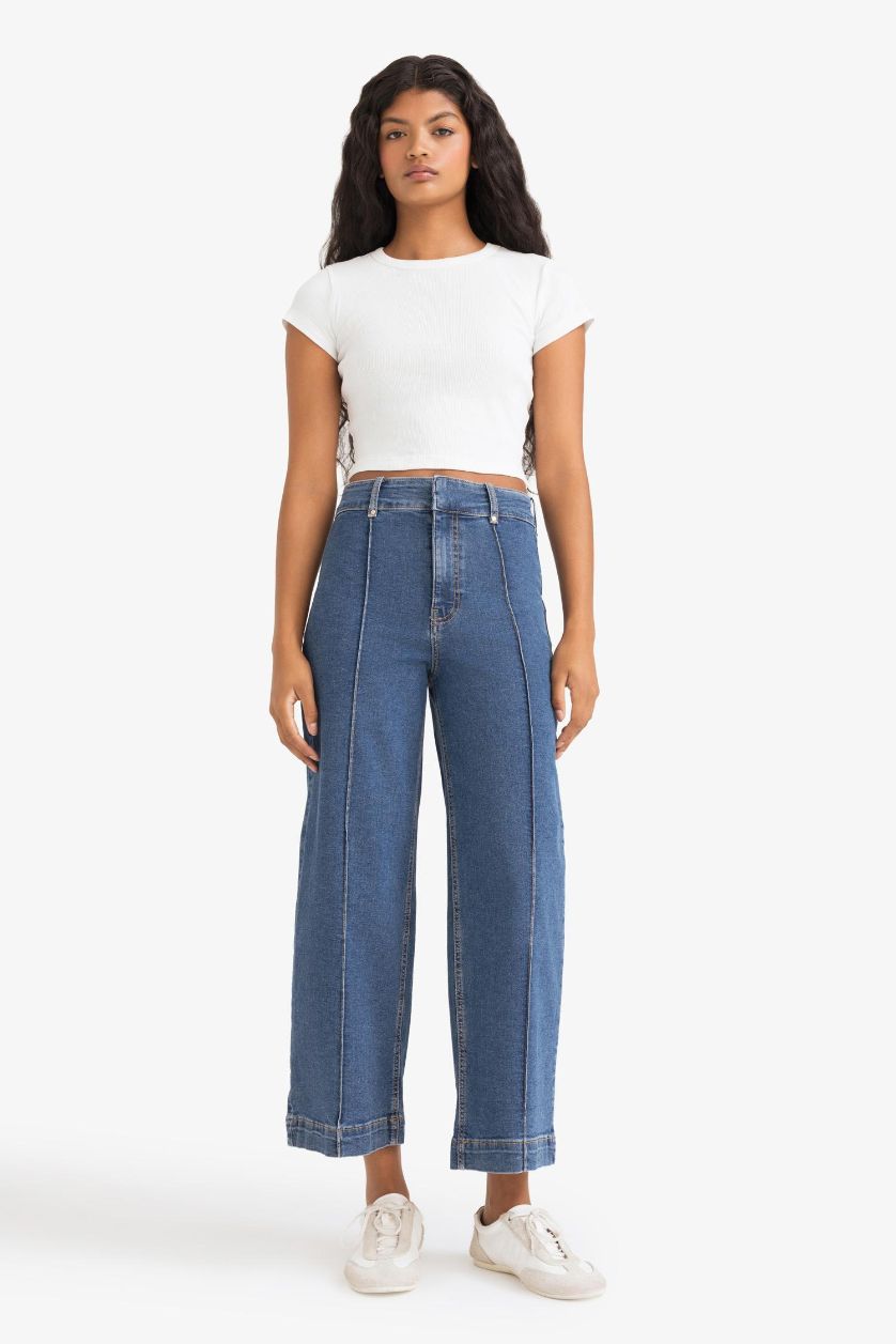 Kadın Mavi Culotte Yüksek Bel Crop Fit Crop Jean Kar Yıkamalı Pantolon