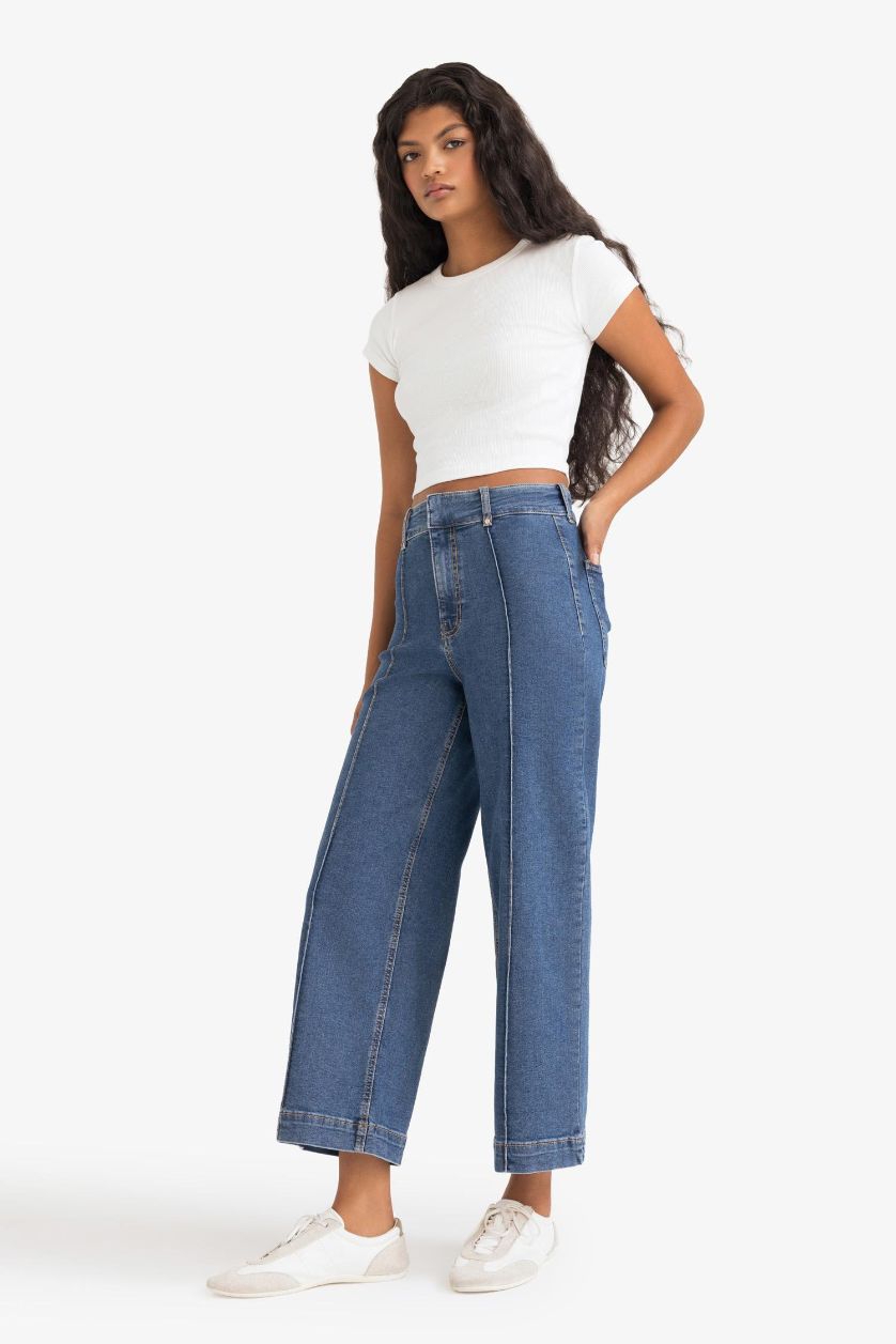 Kadın Mavi Culotte Yüksek Bel Crop Fit Crop Jean Kar Yıkamalı Pantolon