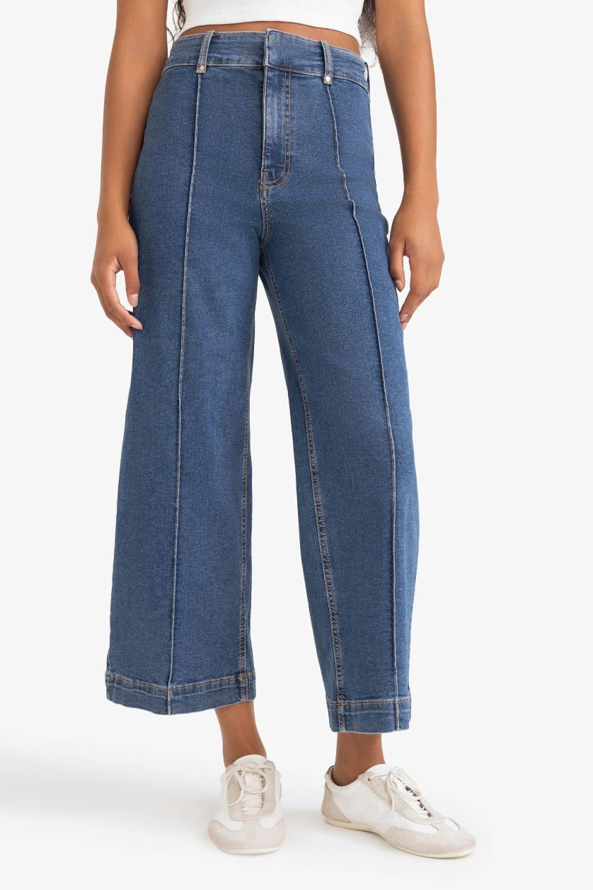 Kadın Mavi Culotte Yüksek Bel Crop Fit Crop Jean Kar Yıkamalı Pantolon