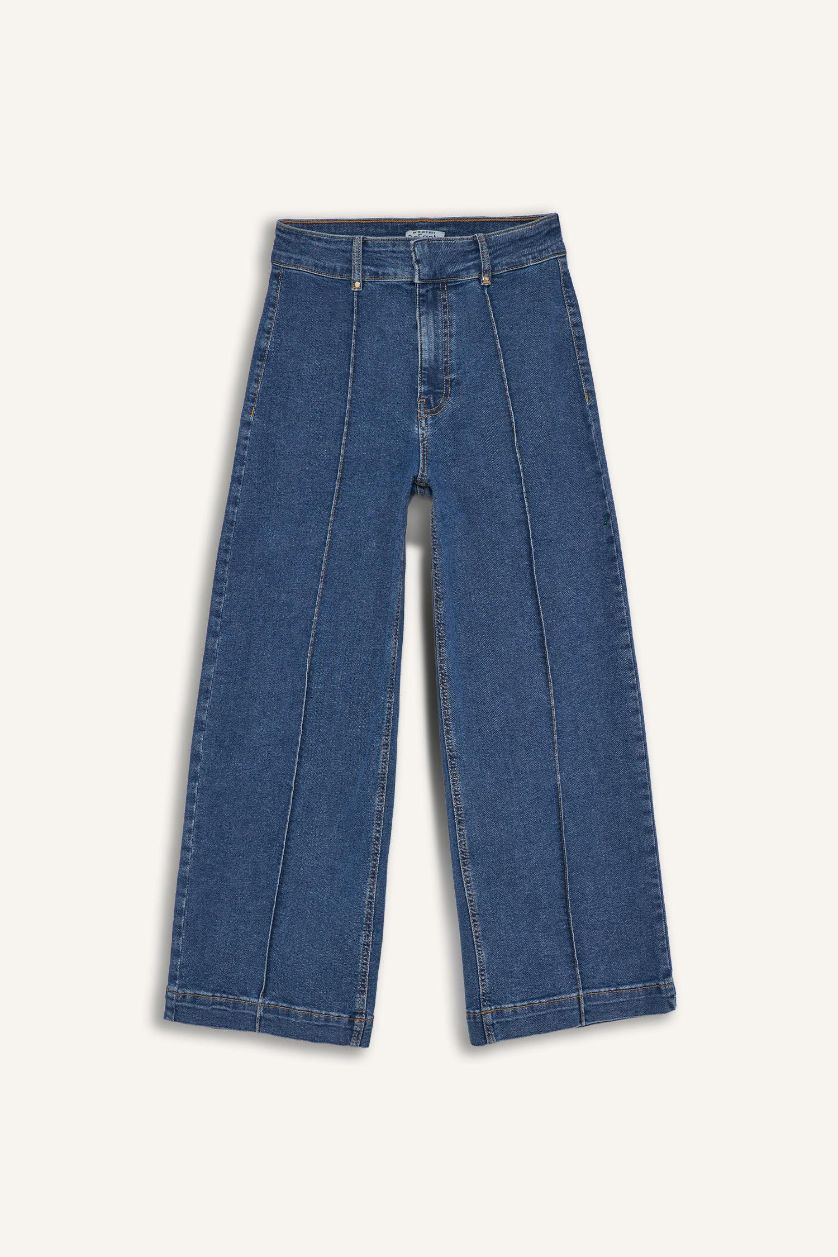 Kadın Mavi Culotte Yüksek Bel Crop Fit Crop Jean Kar Yıkamalı Pantolon