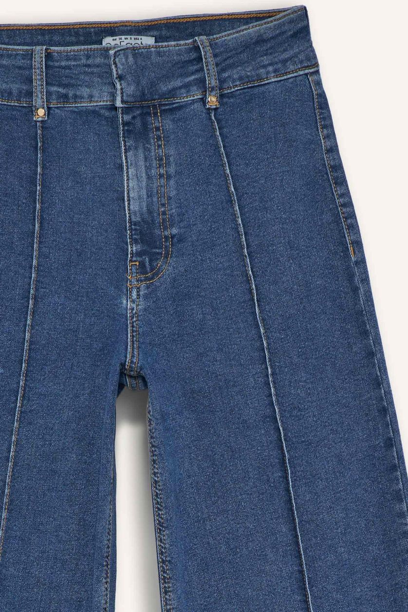 Kadın Mavi Culotte Yüksek Bel Crop Fit Crop Jean Kar Yıkamalı Pantolon