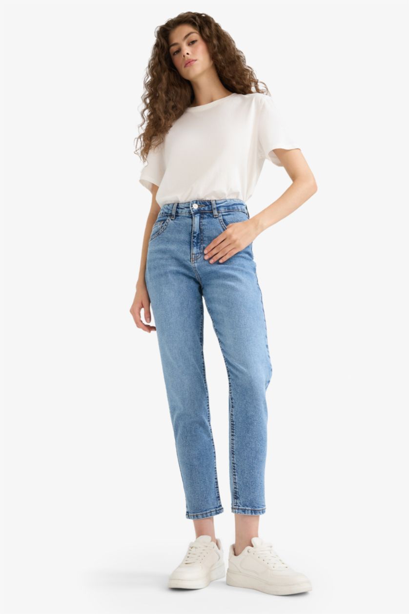 Kadın Mavi Comfort Mom Yüksek Bel Bilek Boy Jean Yıkamalı Pantolon