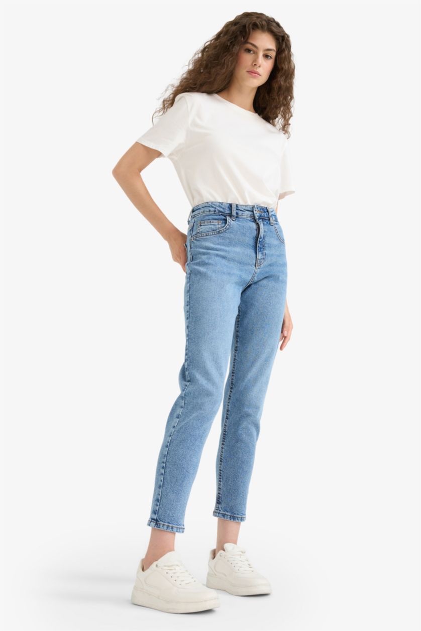 Kadın Mavi Comfort Mom Yüksek Bel Bilek Boy Jean Yıkamalı Pantolon