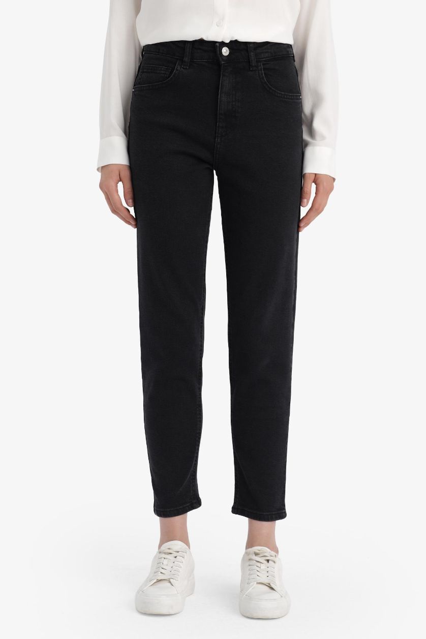 Kadın Siyah Comfort Mom Yüksek Bel Bilek Boy Jean Pantolon
