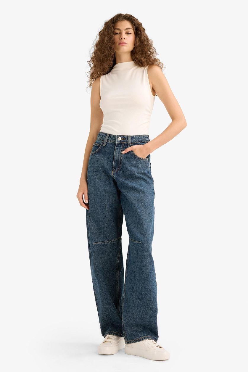 Woman Dark Blue Baggy Fit High Waist Straight Leg Long Jeans