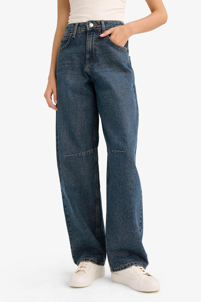 Woman Dark Blue Baggy Fit High Waist Straight Leg Long Jeans