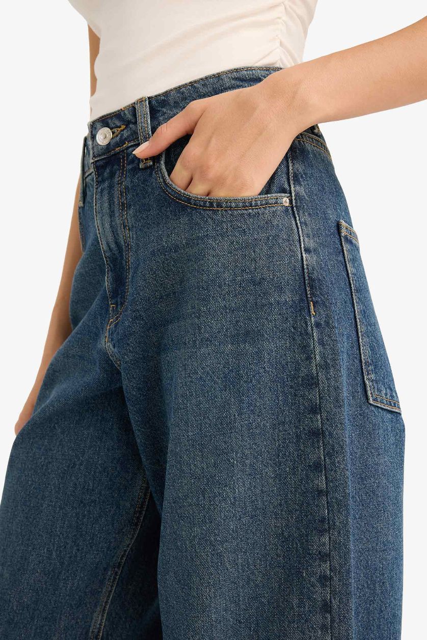 Woman Dark Blue Baggy Fit High Waist Straight Leg Long Jeans