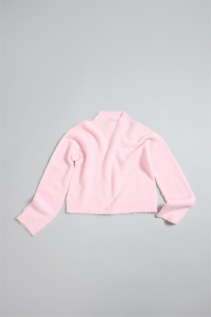 Kadın Açık Pembe Regular Fit Bisiklet Yaka Dikişsiz Basic Düz Triko Kazak