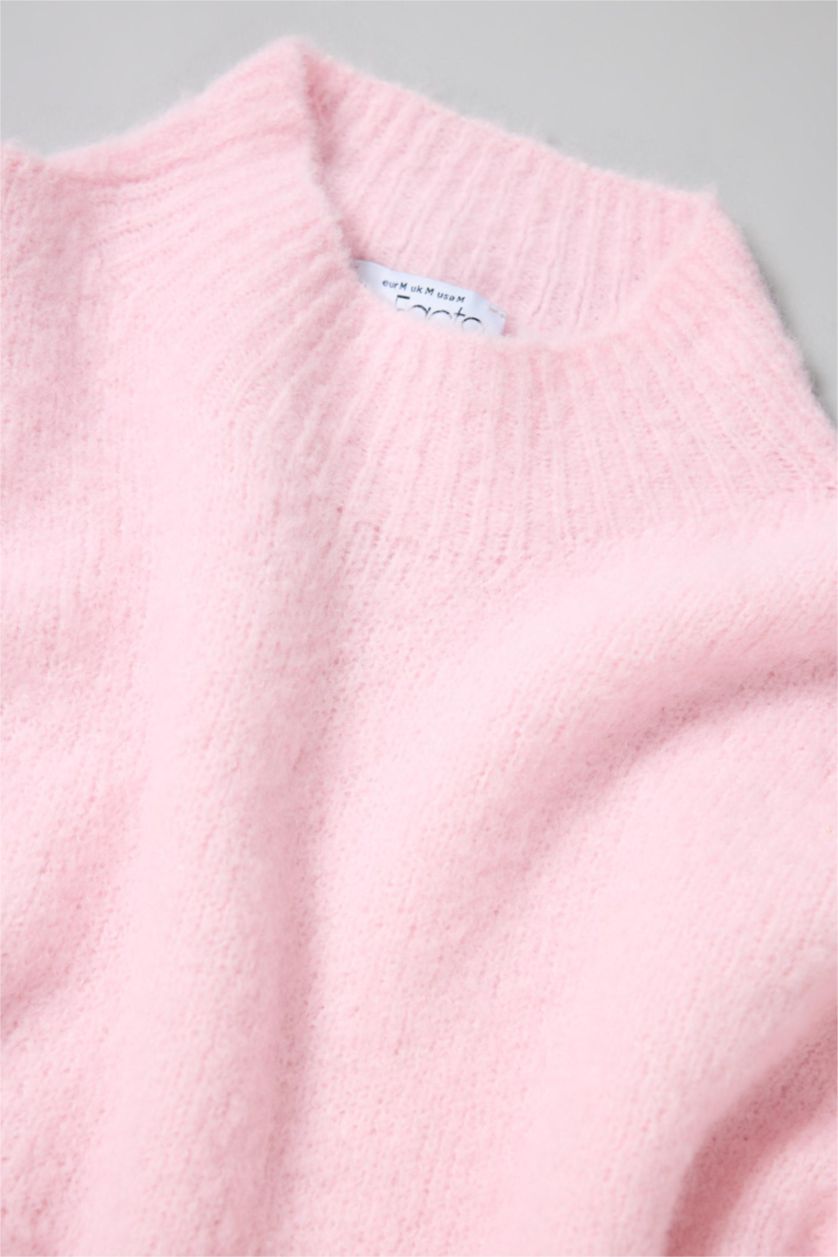 Kadın Açık Pembe Regular Fit Bisiklet Yaka Dikişsiz Basic Düz Triko Kazak