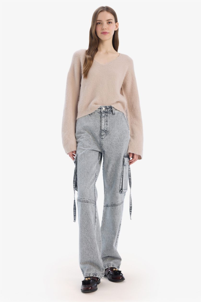 Kadın Taş Regular Fit V Yaka Basic Düz Dikişsiz Triko Kazak