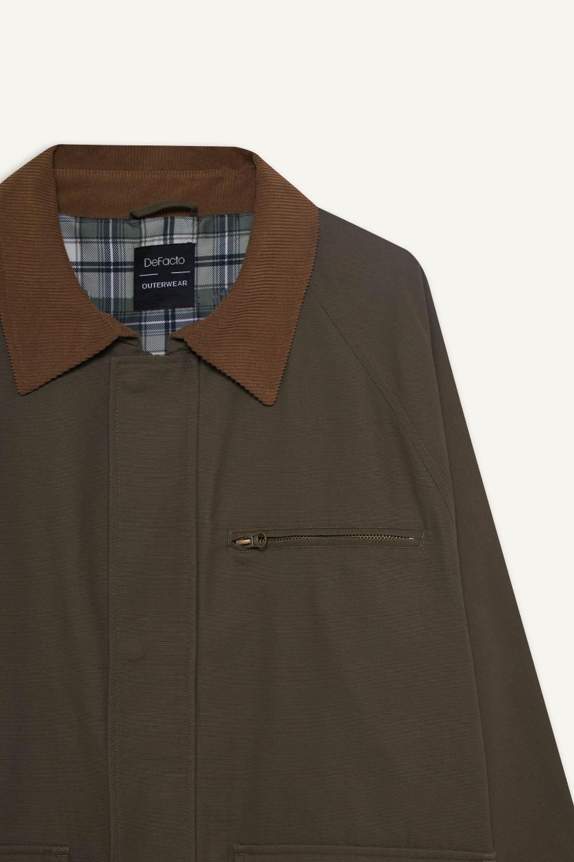 Erkek Haki %100 Pamuk Kontrast Yaka Mont