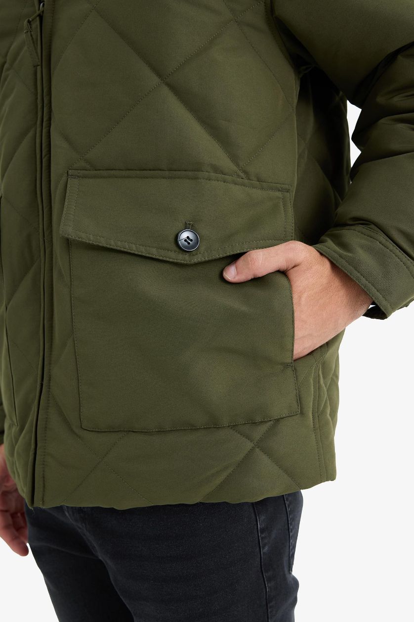 Erkek Haki Kadife Yakalı Fermuarlı Mont