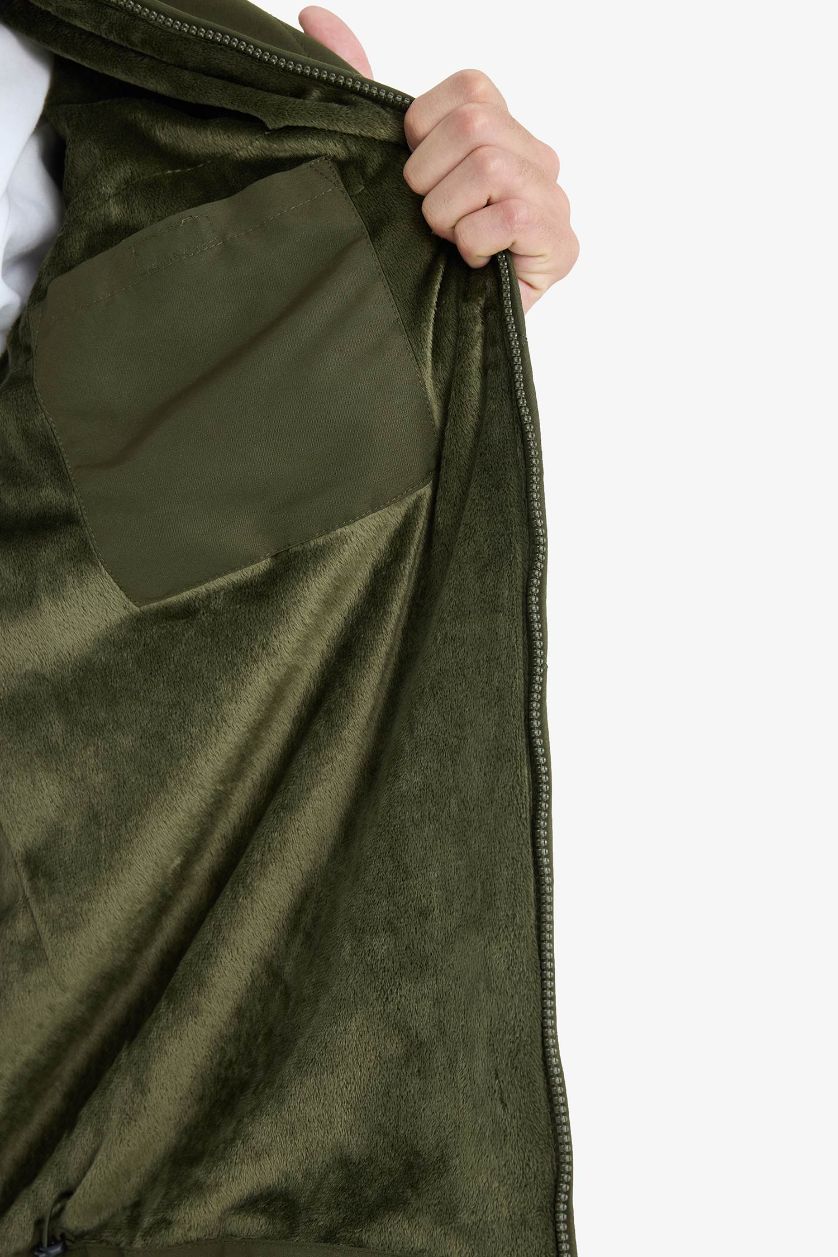 Erkek Haki Kadife Yakalı Fermuarlı Mont