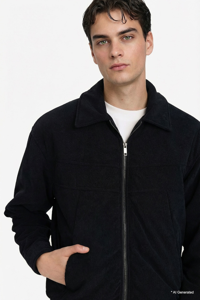 Erkek Siyah Oversize Fermuarlı Kadife Mont