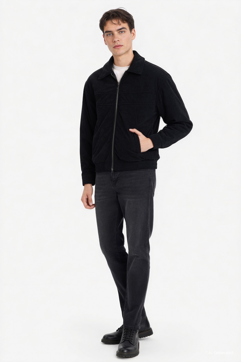 Erkek Siyah Oversize Fermuarlı Kadife Mont