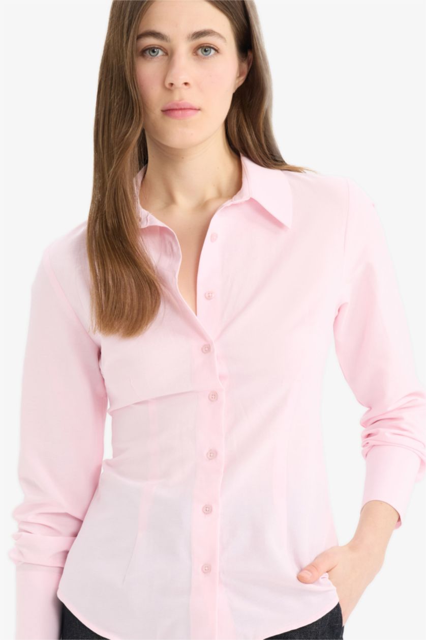 Kadın Açık Pembe Fitted Bengalin Uzun Kollu Gömlek