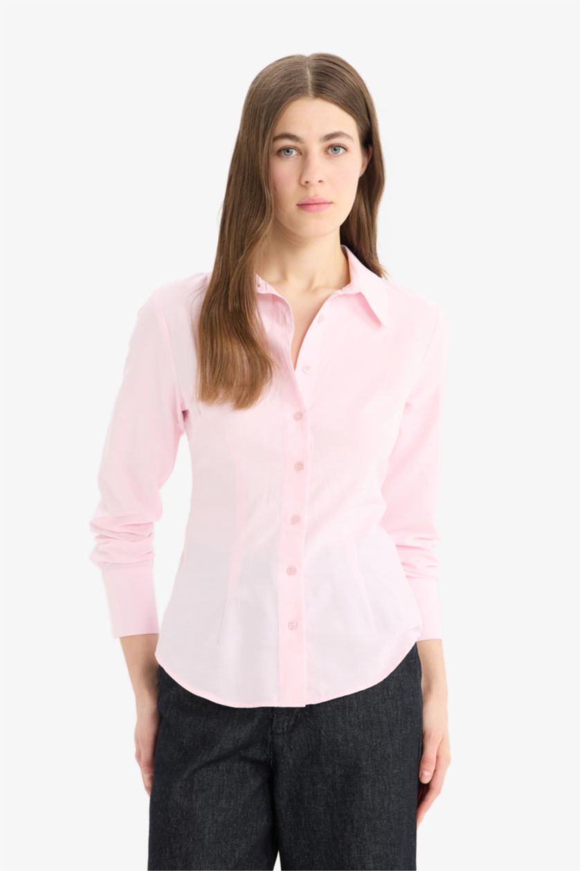 Kadın Açık Pembe Fitted Bengalin Uzun Kollu Gömlek