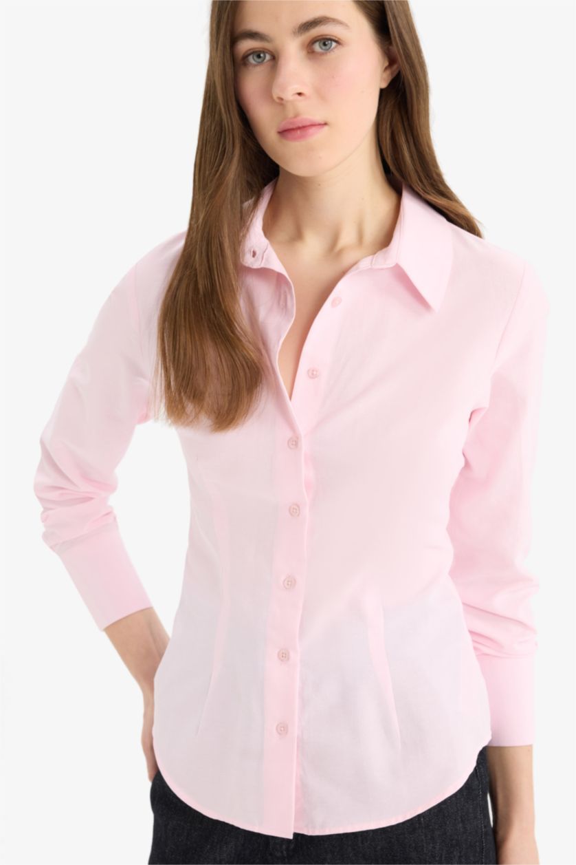 Kadın Açık Pembe Fitted Bengalin Uzun Kollu Gömlek