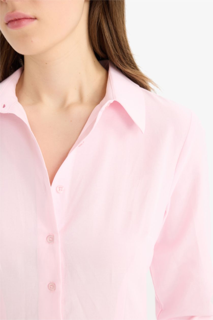 Kadın Açık Pembe Fitted Bengalin Uzun Kollu Gömlek