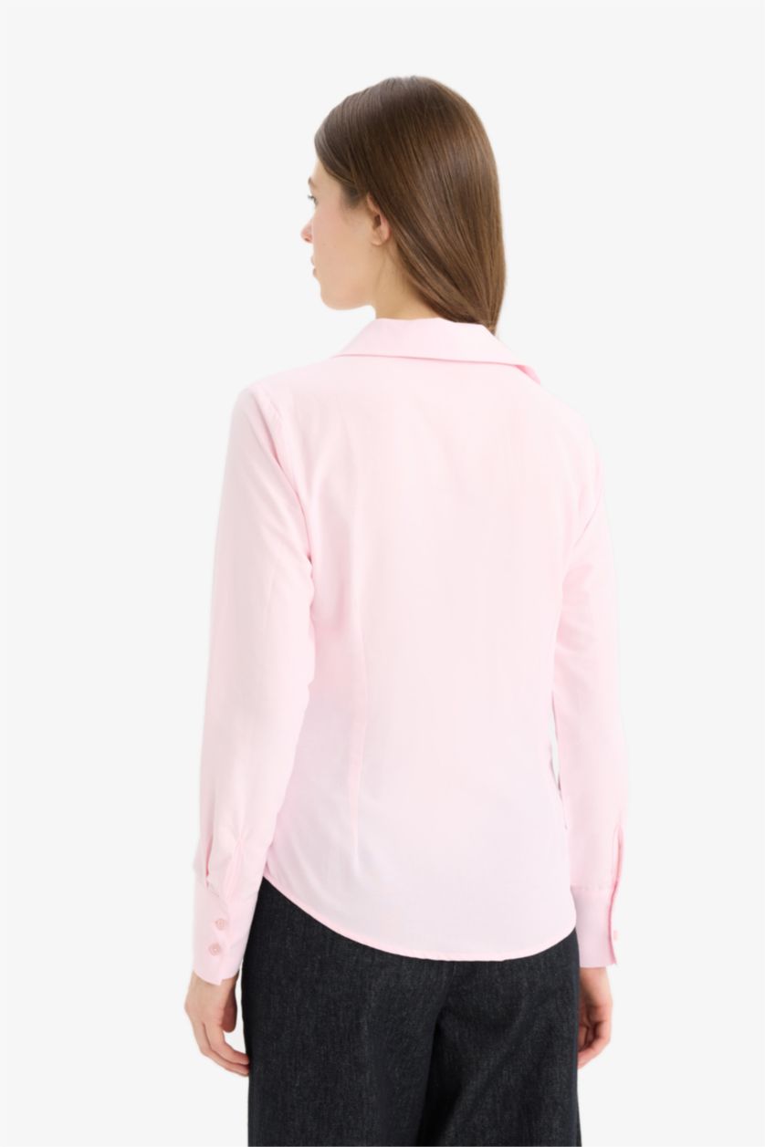 Kadın Açık Pembe Fitted Bengalin Uzun Kollu Gömlek