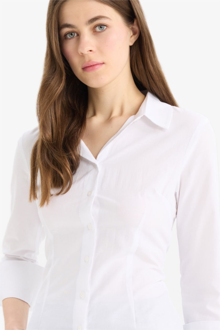 نساء Violet Beyaz قميص سليم عادي كم طويل برقبة قميص