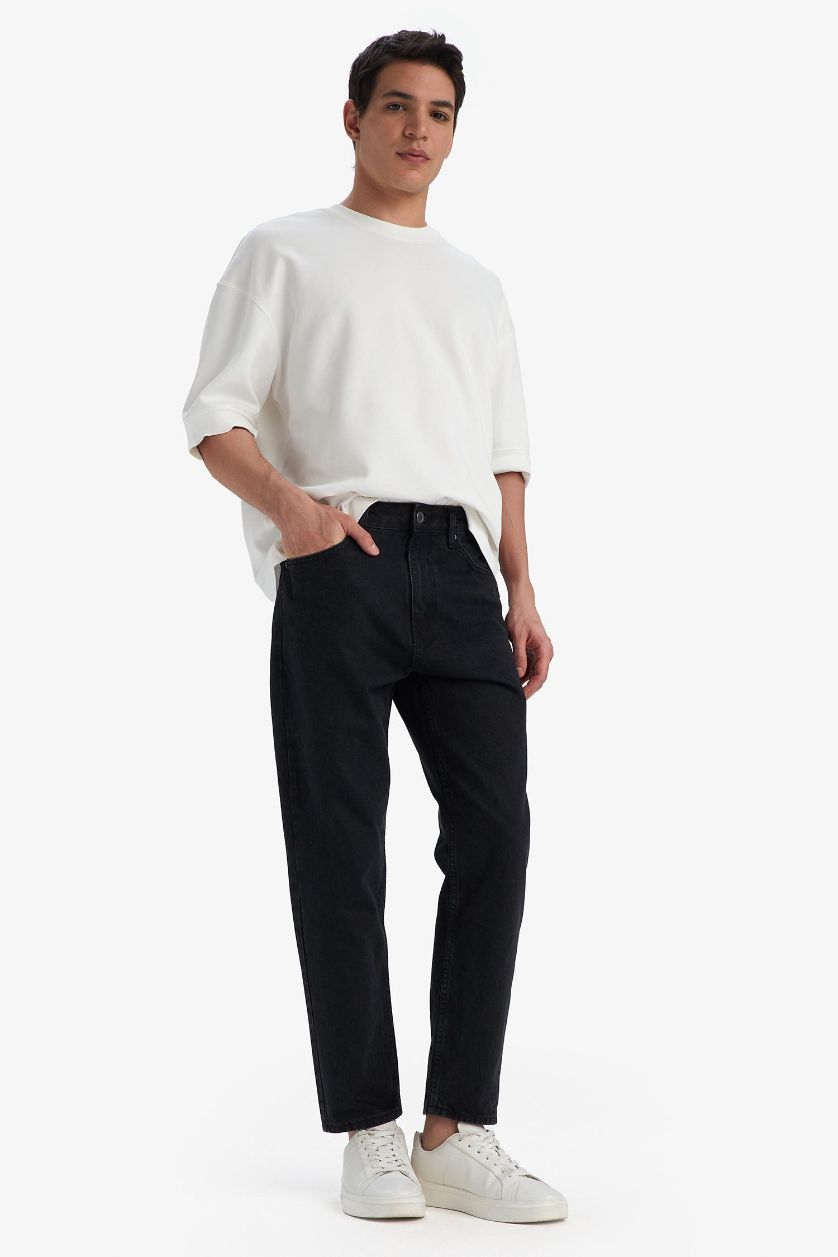 Erkek Siyah %100 Pamuk 90's Slim Fit Dar Kalıp Yüksek Bel Dar Paça Siyah Jean Pantolon