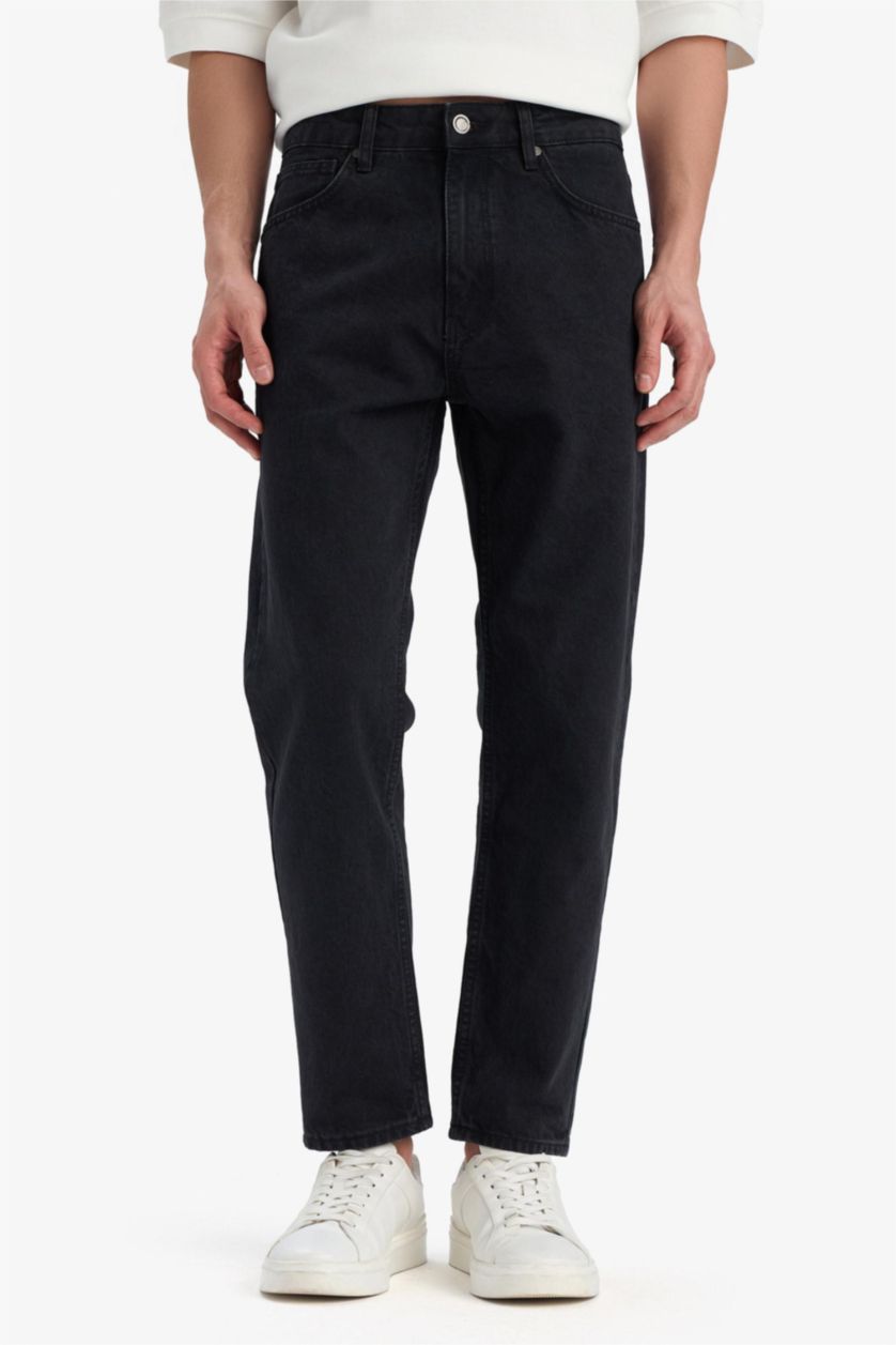 Erkek Siyah %100 Pamuk 90's Slim Fit Dar Kalıp Yüksek Bel Dar Paça Siyah Jean Pantolon