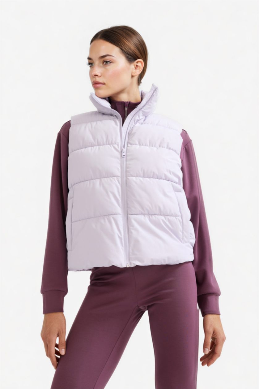 Kadın Açık Lila Su İtici Regular Fit Dik Yaka Fermuarlı Cepli Şişme Yelek