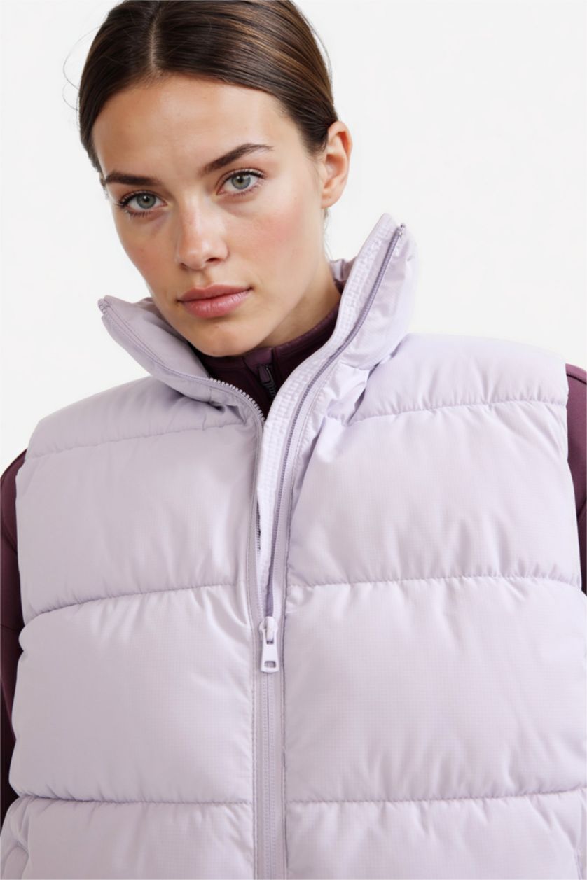 Kadın Açık Lila Su İtici Regular Fit Dik Yaka Fermuarlı Cepli Şişme Yelek