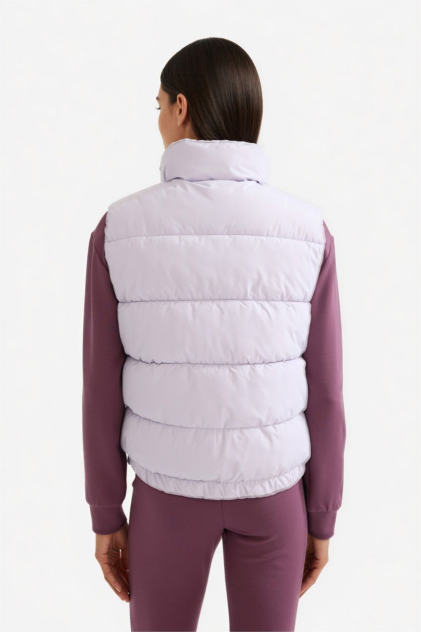 Kadın Açık Lila Su İtici Regular Fit Dik Yaka Fermuarlı Cepli Şişme Yelek