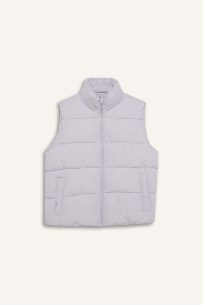 Kadın Açık Lila Su İtici Regular Fit Dik Yaka Fermuarlı Cepli Şişme Yelek