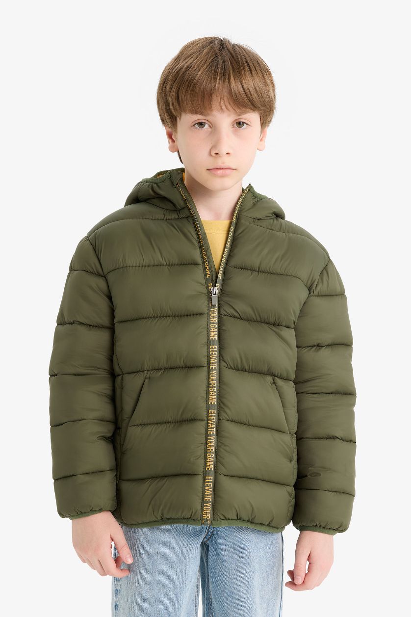 BOYS & TEENS Dark Khaki Boy Hooded Water Repellent Fleece Lined Puffer Jacket