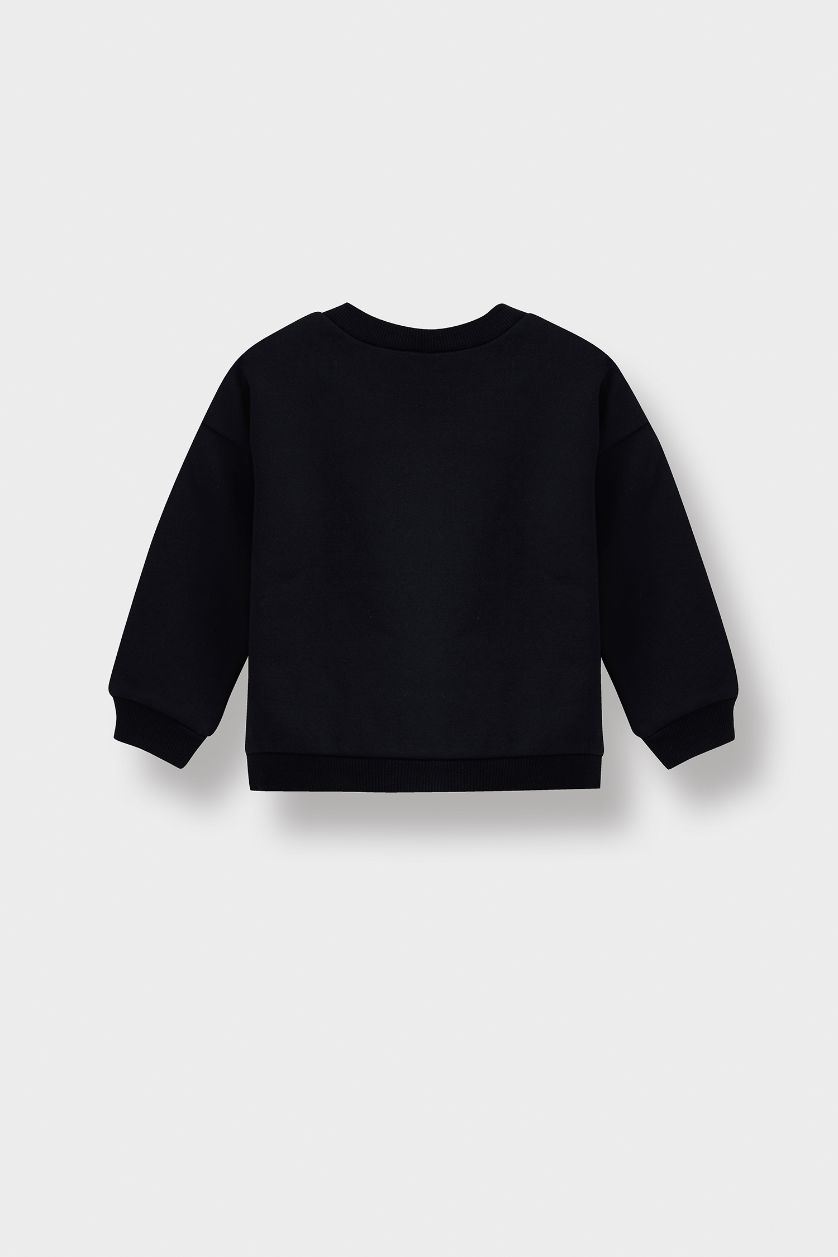 Kız Bebek Siyah Kız Bebek Bisiklet Yaka Baskılı İçi Yumuşak Tüylü Sweatshirt