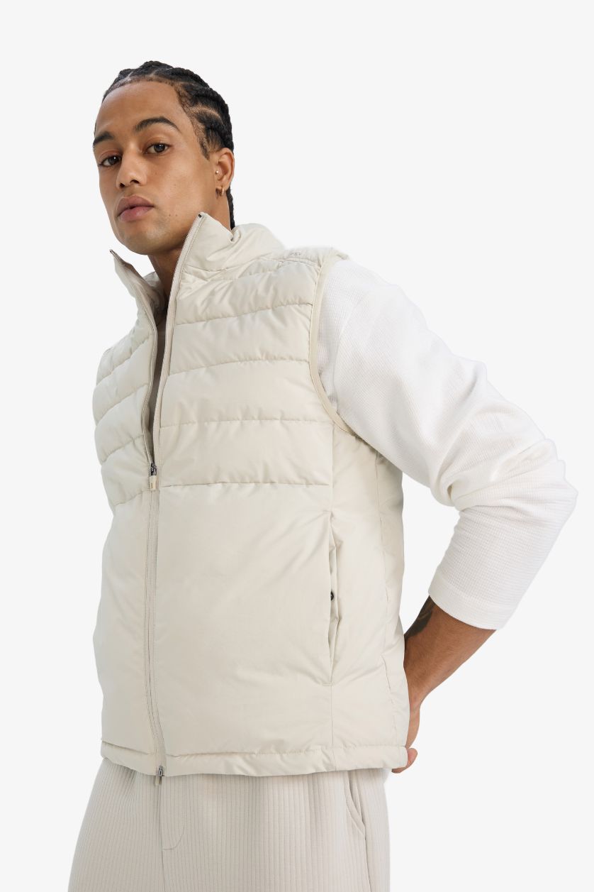 Man Light Beige DeFactoFit Slim Fit Waterproof Zippered Puffer Vest
