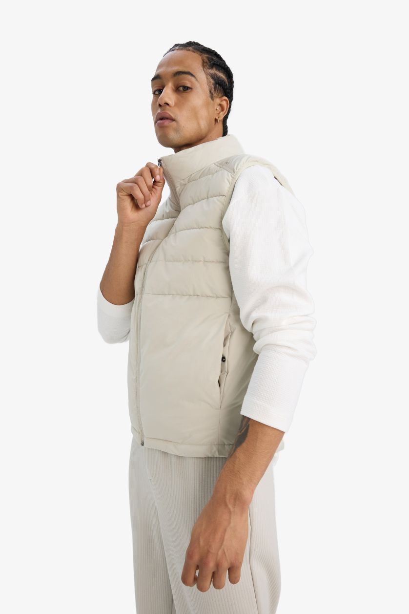 Man Light Beige DeFactoFit Slim Fit Waterproof Zippered Puffer Vest