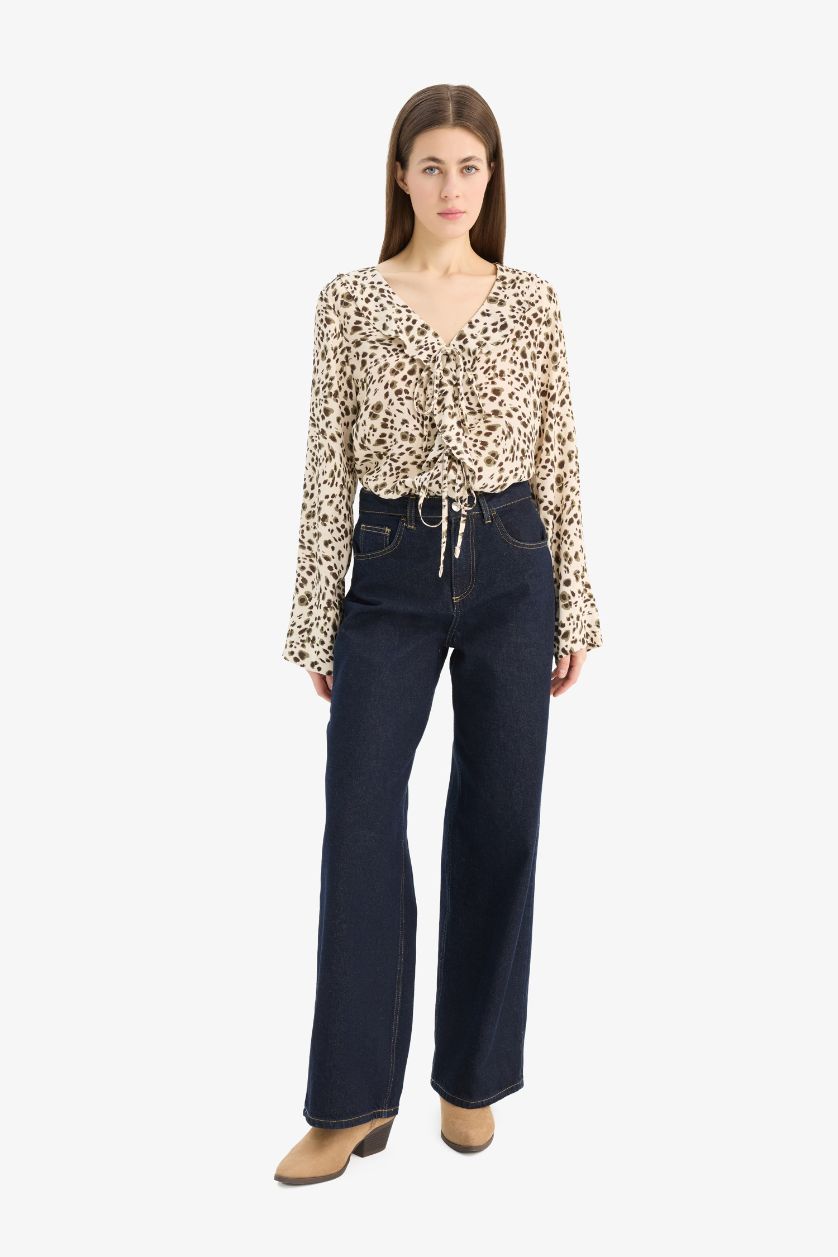 WOMAN Ecru Regular Fit V Neck Leopard Shirt