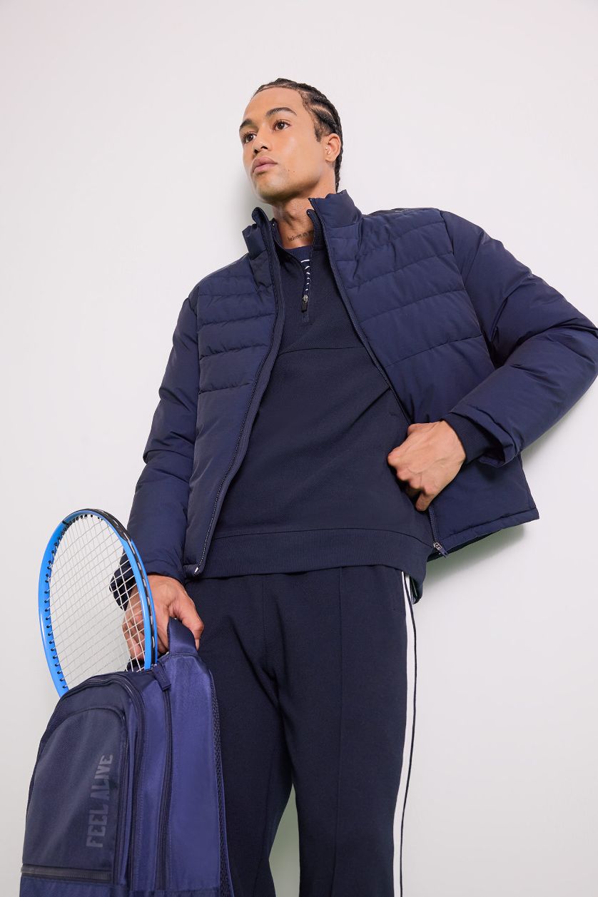 Erkek Lacivert Su İtici Rüzgar Geçirmez Regular Fit Dik Yaka Fermuarlı Cepli Kışlık Mont