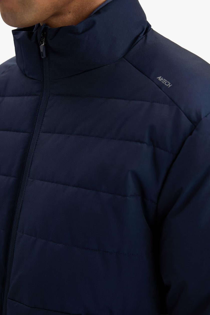 Erkek Lacivert Su İtici Rüzgar Geçirmez Regular Fit Dik Yaka Fermuarlı Cepli Kışlık Mont