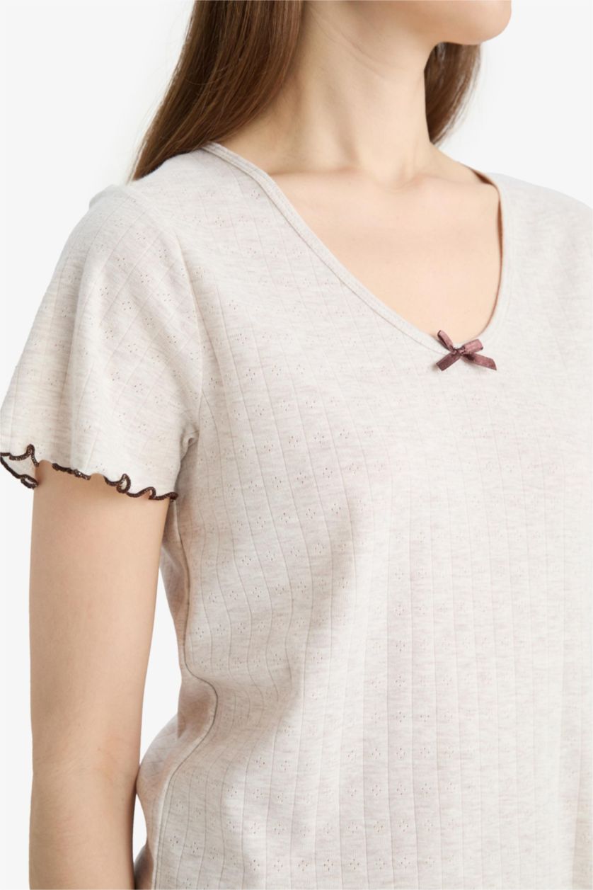 Kadın Bej Melanj Pijama Takımı Kısa Kollu Üst Beli Lastikli Uzun Alt