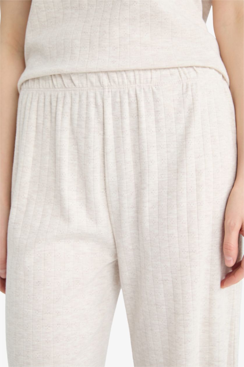 Kadın Bej Melanj Pijama Takımı Kısa Kollu Üst Beli Lastikli Uzun Alt