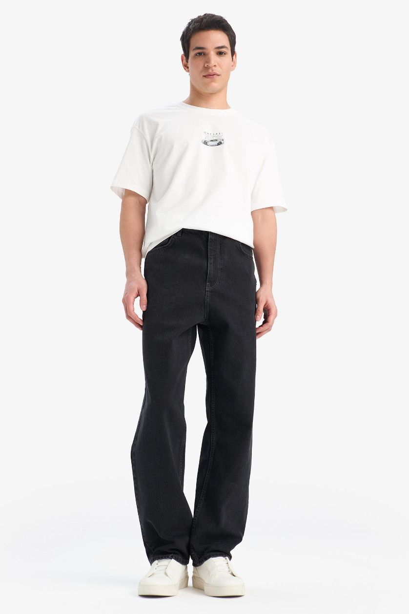 Erkek Siyah %100 Pamuk Baggy Fit Geniş Kalıp Normal Bel Geniş Paça Siyah Jean Pantolon