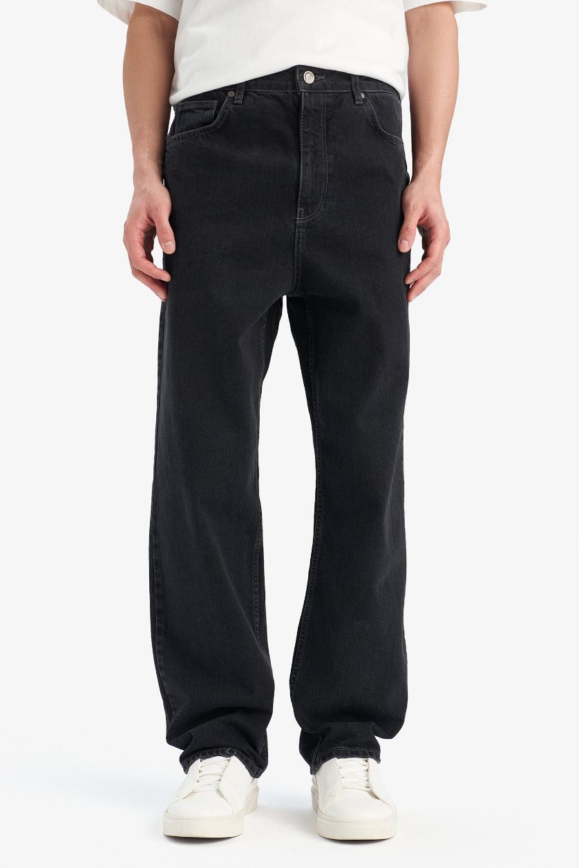 Erkek Siyah %100 Pamuk Baggy Fit Geniş Kalıp Normal Bel Geniş Paça Siyah Jean Pantolon