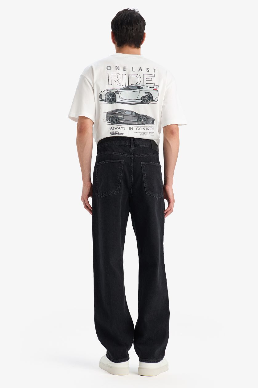 Erkek Siyah %100 Pamuk Baggy Fit Geniş Kalıp Normal Bel Geniş Paça Siyah Jean Pantolon