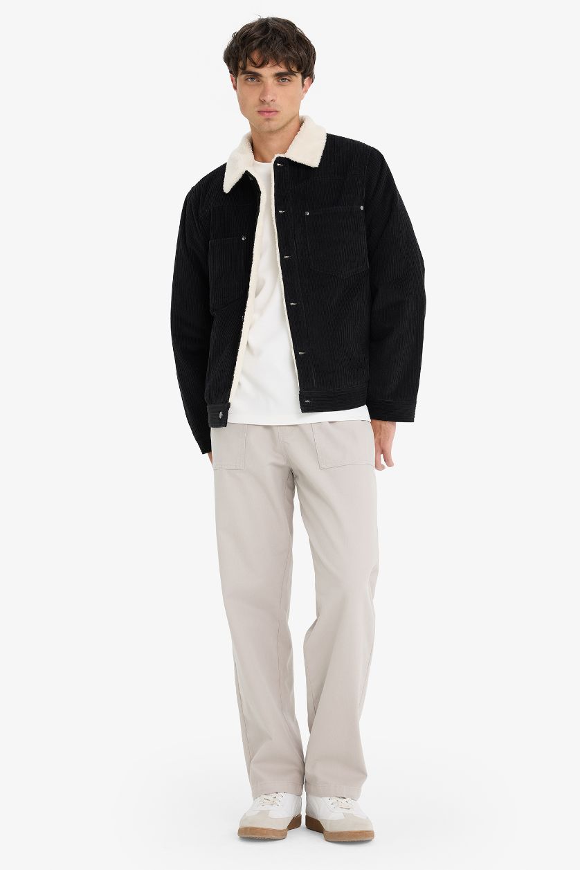 HOMME Noir Veste en coton suédine à doublure en peluche et poches à Col chemise