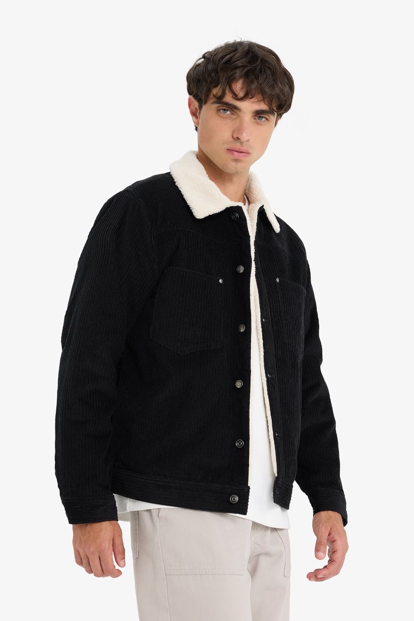 HOMME Noir Veste en coton suédine à doublure en peluche et poches à Col chemise