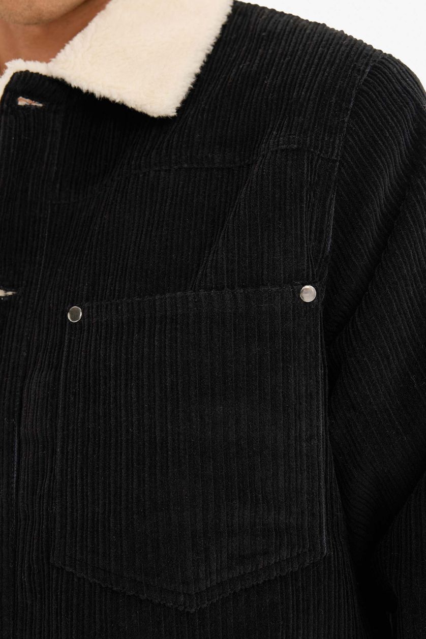 HOMME Noir Veste en coton suédine à doublure en peluche et poches à Col chemise