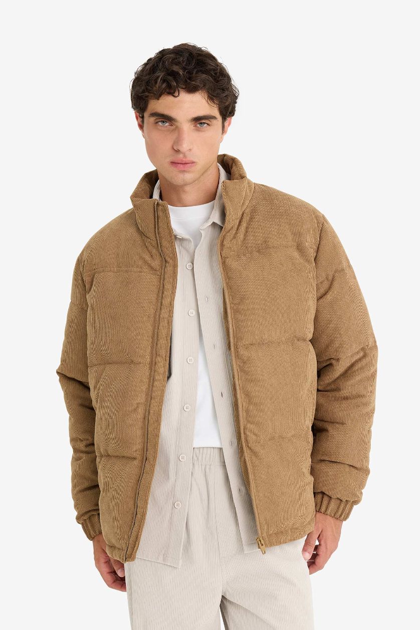 Man Brown Regular Fit Stand Collar Zippered Jacket