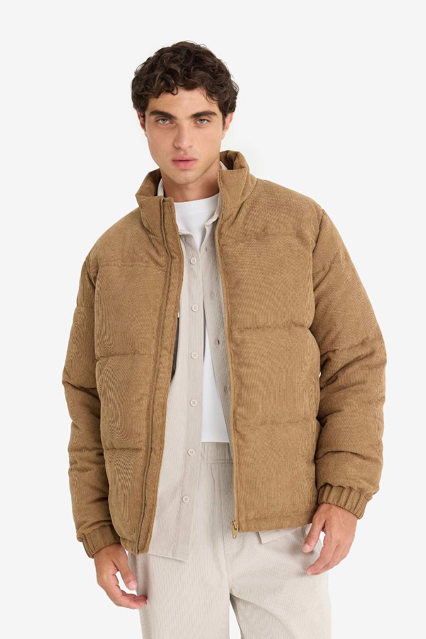 Man Brown Regular Fit Stand Collar Zippered Jacket