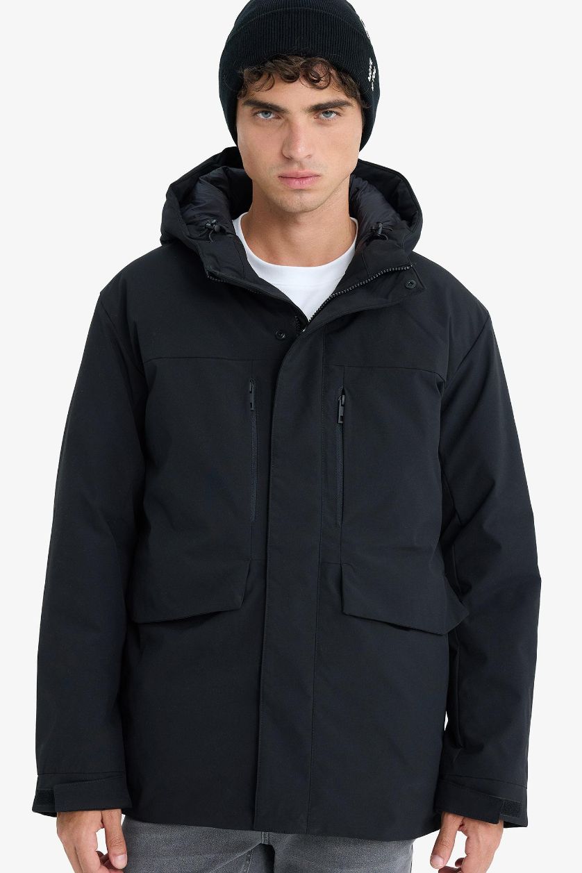 Erkek Siyah Su İtici Kapüşonlu Mont